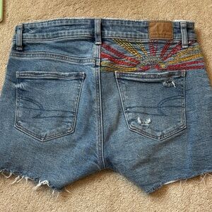 American Eagle Outfitters Blue Denim Cutoff Shorts with Multicolor Embroidery